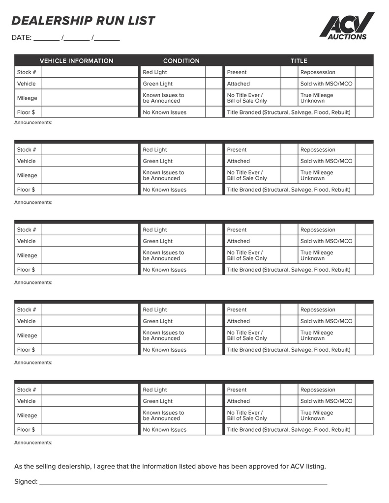 [ACV-DEALPAD] Dealership Run List Pad